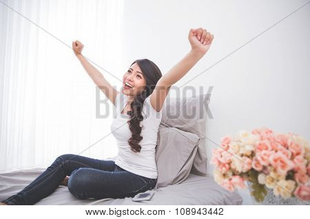Woman Wake Up Stretches Her Body