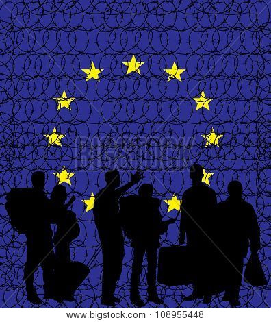 Europe (european Union) Closing Its Borders Due To Migrant Crisis. Vector Illustration With Barbed W