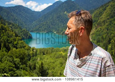Surprised tourist looking away
