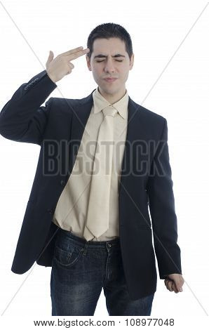 Man In Business Suit Shooting To His Head With His Hand.