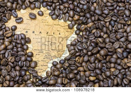 Map Of Brazil Under A Background Of Coffee Beans