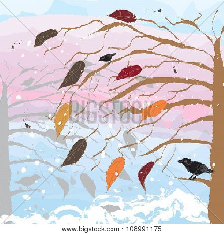 Abstract landscape with tree,birds,cloudy sky.