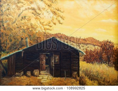 wooden cabin in a forest in the mountains, painting sepia effect, retro effect