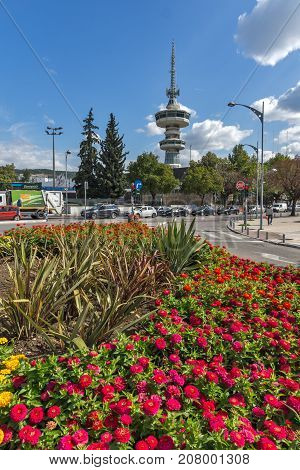 THESSALONIKI, GREECE - SEPTEMBER 30, 2017: OTE Tower and flowers in front in city of Thessaloniki, Central Macedonia, Greece