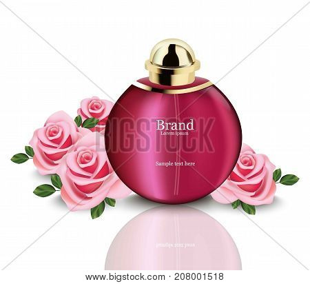 Perfume Cosmetics And Roses Vector Realistic Mock Up. Eau De Toillete Golden Bottle Perfect For Adve
