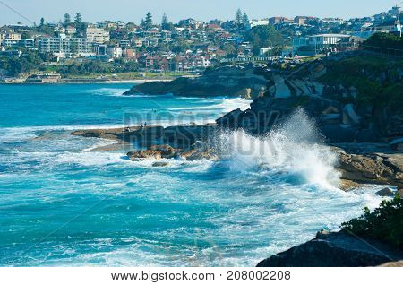 Huge ocean swell bringing in big waves in Bondi Beach Australia.