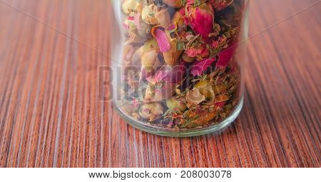 Herbal tea jar. Herbs and flowers, herbal medicine.