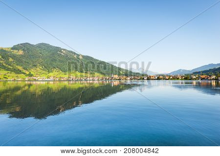 Small towns in Europe. Switzerland. Arth-Goldau. Along the coast of Lake Zug.
