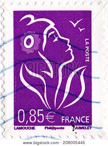 Ukraine - circa 2017: A postage stamp printed by France shows Marianne of Lamouche the allegory of the French Republic circa 2006