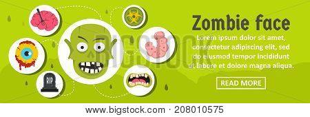 Zombie face banner horizontal concept. Flat illustration of zombie face banner horizontal vector concept for web design