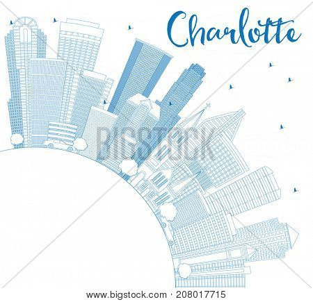 Outline Charlotte Skyline with Blue Buildings and Copy Space. Business Travel and Tourism Concept with Modern Architecture. Image for Presentation Banner Placard and Web Site.