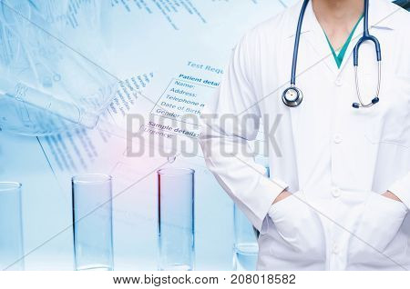 smart doctor with a stethoscope and laboratory test tube beaker and medical information form in background, people, laboratory, science, chemical and medical research concept