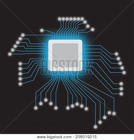 Microchip processor with neon lights on the dark background. Vector illustration.