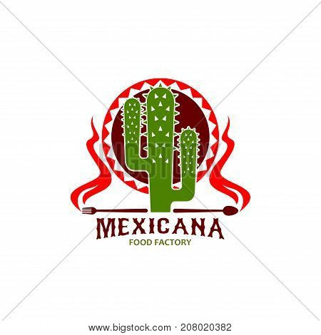 Mexican restaurant icon of cactus agave with spoon and fork of spicy hot chili jalapeno pepper. Vector isolated symbol Mexicana on sombrero hat ornament for Mexican traditional cuisine food bar