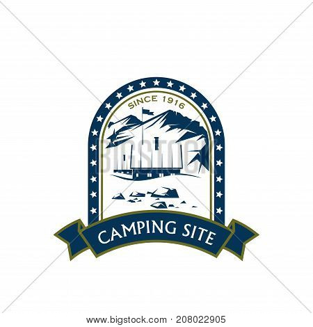 Camping site icon template for hiking sport club or mountaineering and climbing. Vector isolated symbol of house or tent camp in forest for extreme outdoor camping sport and scout tour adventure