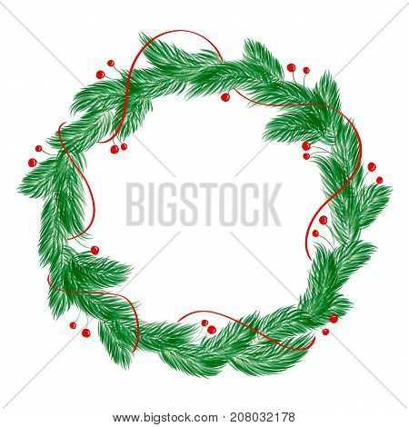 green christmas vector wreath with decorations isolated on white background.