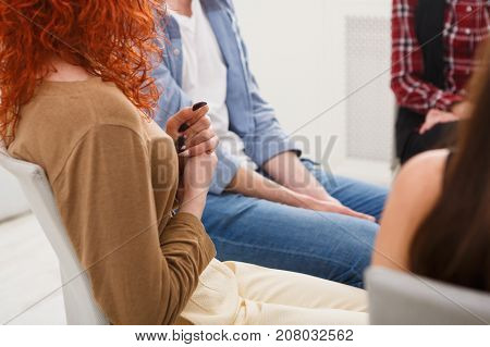 Trust circle. Company of unrecognizable people sitting together. Meeting of support group, copy space