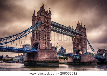 London, the United Kingdom: Tower Bridge on River Thames at sunset