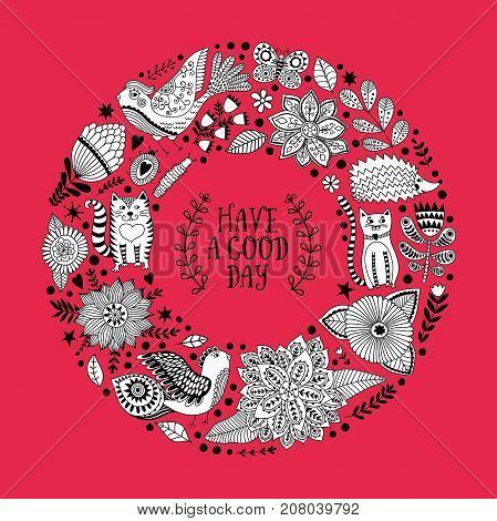 Wreath illustration made of flowers and herbs. Vector decorative frame and leaf. Spring elements. Floral doodles wreath.