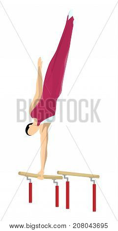 Gymnastics on parallel bars. Athlete in uniform on white background.