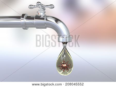 Safety of drinking water concept, 3D illustration showing tap with drop of water containing virus