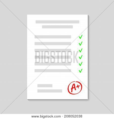 Exam. Examination sheet. Grade result A . Hand drawn vector grade with plus in circle frame. Vector illustration