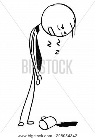 Tired Overworked Businessman Sleeping Standing With Coffee Mug Spilled.