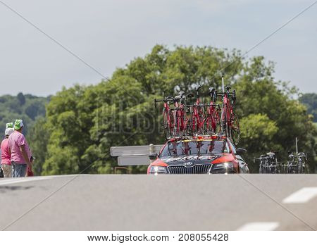 Mailleroncourt-Saint-Pancras France - July 5 2017: The technical car of BMC Team approaching on a road to La Planche des Belle Filles during the stage 5 of Tour de France 2017.