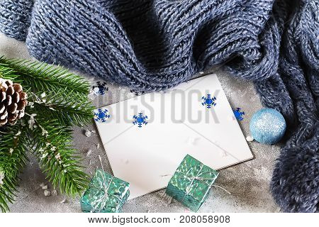 christmas greeting card on a gray concrete background