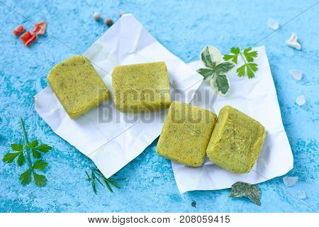 Bouillon Stock cube . Vegeta seasoning spices condiment