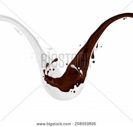 chocolate and milk flows mixed isolated on white background. 3d illustration