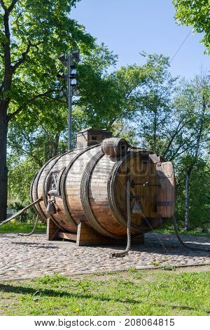 The First Russian Wooden Submarine With Barrel With Oars