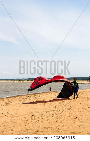 Windsurfing On The Beach Of The Big Izhora Gulf Of Finland