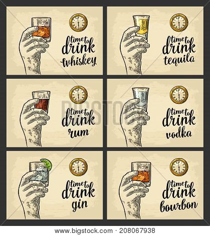 Male hand holding a glasses with alcohol drinks and antique pocket watch. Vintage vector engraving illustration for poster, invitation to party. Time to Drink lettering. Isolated on beige background.
