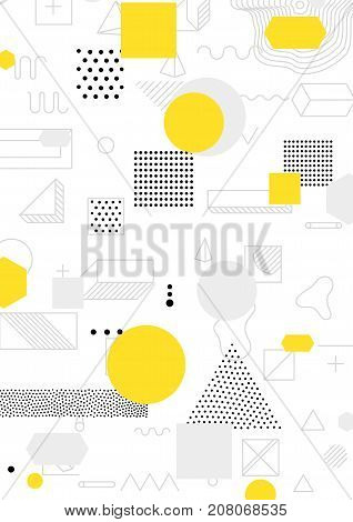 Universal trend poster with bright bold geometric yellow elements, chaotic composition, restrained sustained tempered style. Easy editable clipping mask. Magazine, leaflet, ad, typography, print