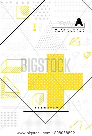 Universal trend poster with bright bold geometric yellow elements, chaotic composition, restrained sustained tempered style. Easy editable clipping mask. Magazine, leaflet, ad, typography, print