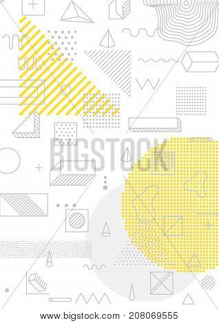 Universal trend poster with bright bold geometric yellow elements, chaotic composition, restrained sustained tempered style. Easy editable clipping mask. Magazine, leaflet, ad, typography, print