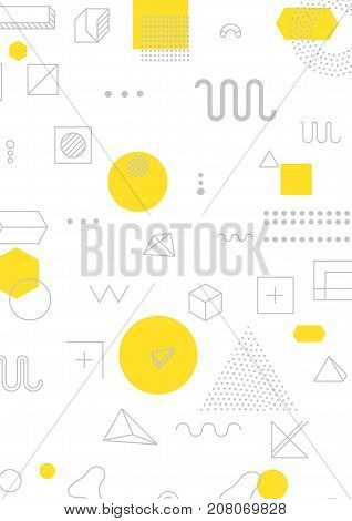 Universal trend poster with bright bold geometric yellow elements, chaotic composition, restrained sustained tempered style. Easy editable clipping mask. Magazine, leaflet, ad, typography, print