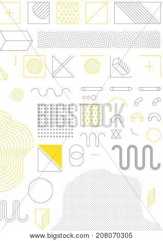 Universal trend poster with bright bold geometric yellow elements, chaotic composition, restrained sustained tempered style. Easy editable clipping mask. Magazine, leaflet, ad, typography, print