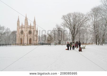 St. Alexander Nevsky Church In The Park Of Peterhof In The Winter.