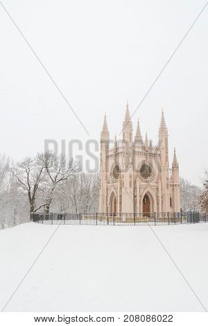 St. Alexander Nevsky Church In The Park Of Peterhof In The Winter.