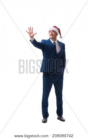 Young busnessman wearing santa hat in christmas concept on white