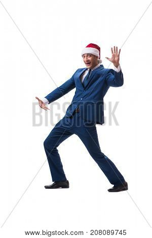 Young busnessman wearing santa hat in christmas concept on white