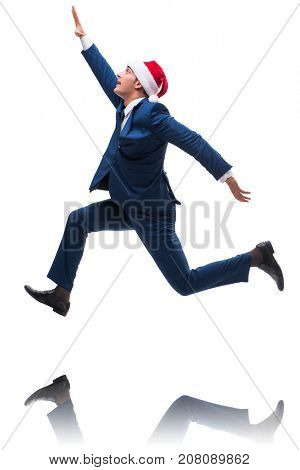 Young busnessman wearing santa hat in christmas concept on white