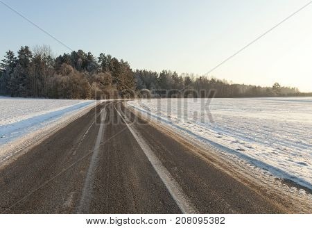 Snow Photographed In The Winter Season, Which Appeared After A Snowfall. Close-up,