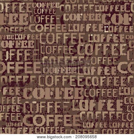Coffee. Abstract coffee pattern on brown background with a lettring.