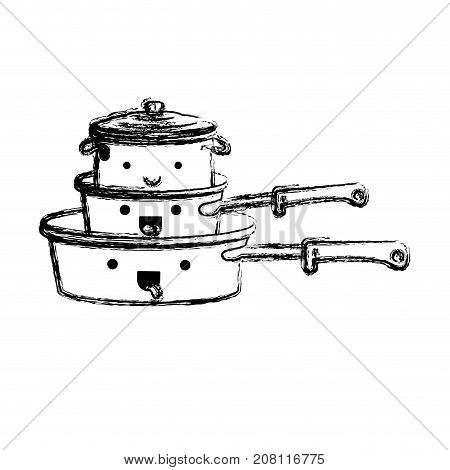 stewpan and cooking pot stack monochrome blurred kawaii silhouette vector illustration