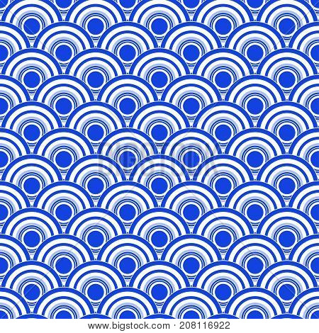 Traditional Japanese seamless pattern. Blue and white fish squama. Mermaid scales. Stock vector