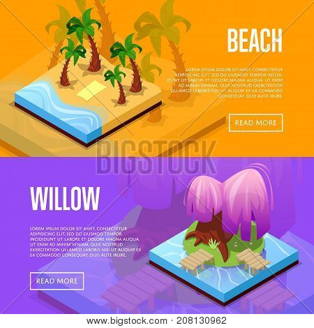 Park design isometric posters. Palm trees on beach, island with green grass and purple willow. Public parkland zone landscape with decorative plants, outdoor natural recreation vector illustration.