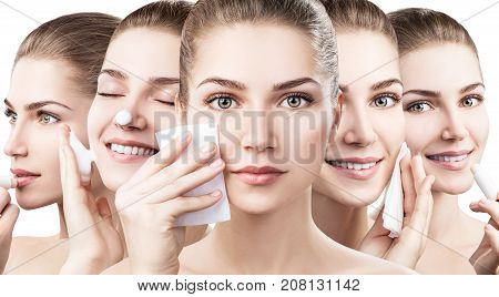 Collage of young woman cleanses skin with foam and napkins isolated on white. Skincare concept.